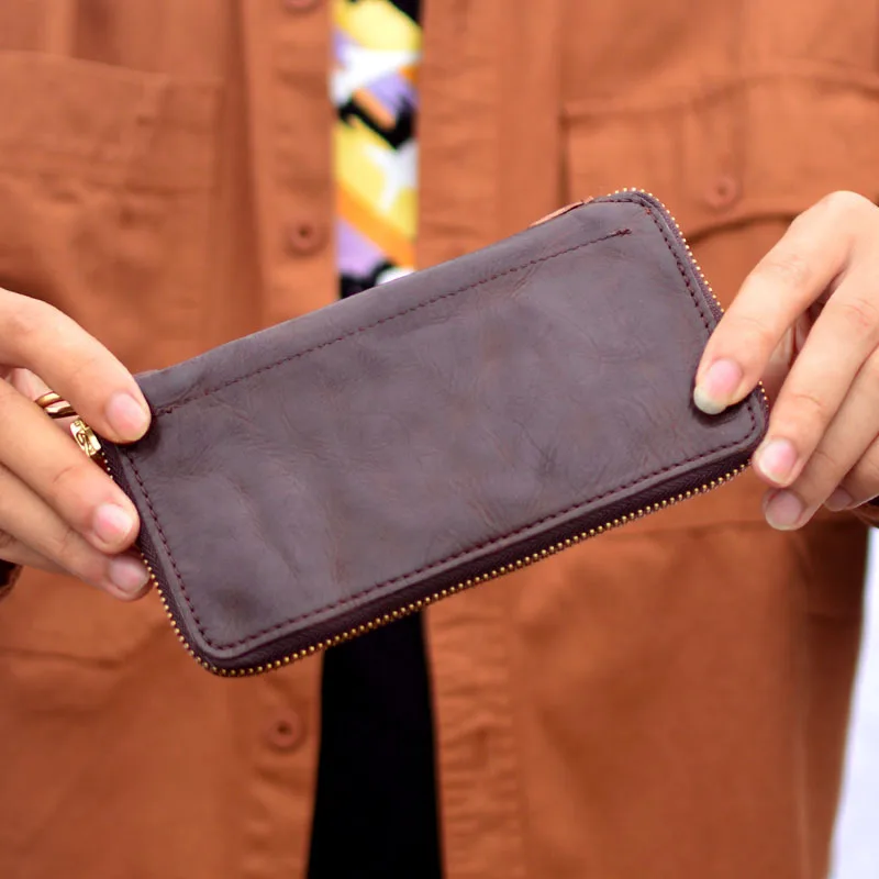 Aetoo vyrábajte starú vintage piknutú remeselnú kabelku Pánske dlhé kožené kože viacerých blížiacich sa cowhide ykk zips s mäkkou peňaženkou prenosné