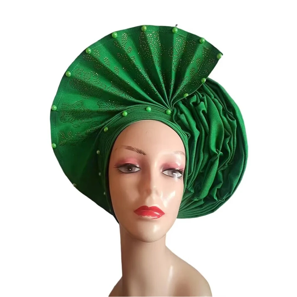 Africká headtie Auto Gele Green Sego Headtie už vyrobila Gele Aso Ebi African Turban Cap s korálkami a kameňmi