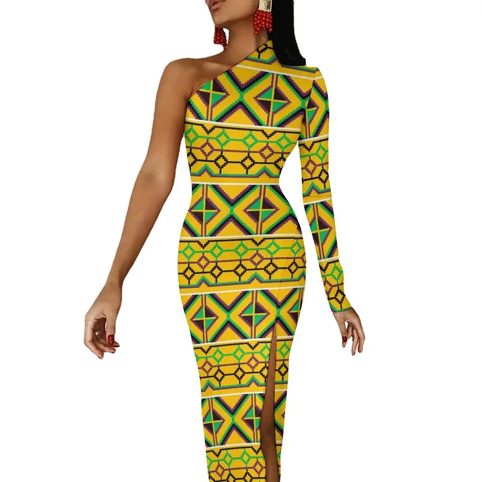 Africké etnické tlačové šaty Bodycon jesenné Kente Ghana Roztomilé vysoké štrbiny dlhé šaty s dlhým rukávom Dizajn Street Šaty