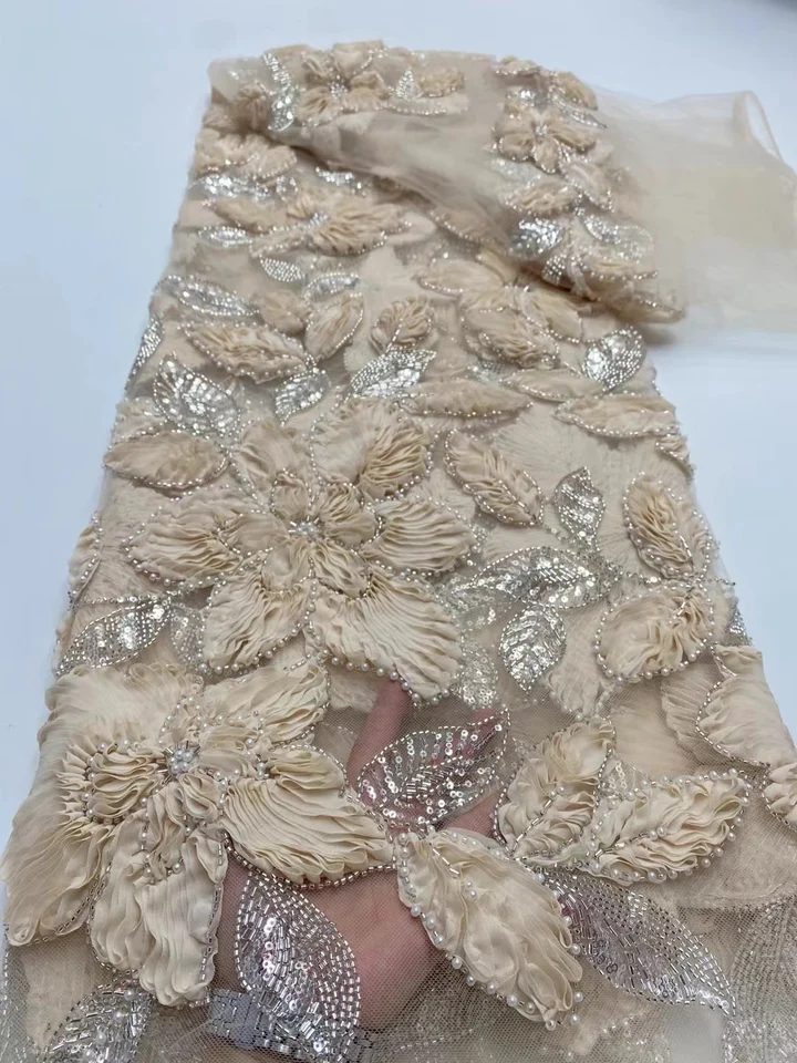 Africké nigérijské flitre výšivky Tull Lace Lace Table, Šaty s korálkovými korálkami, vysoko kvalitné, 5yards, 2025 DP0345