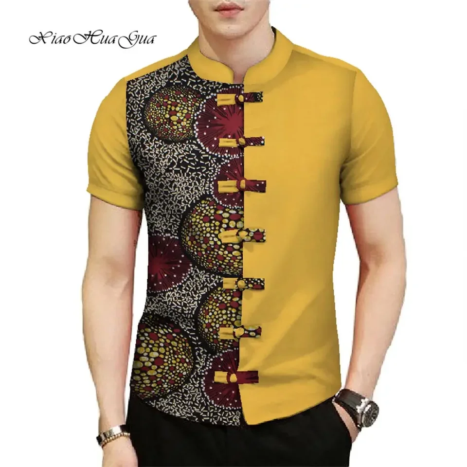 Africké oblečenie pre mužov kauzálne večierky Men Tops Tops s krátkym rukávom stojan na krk Tops Tops Dashiki bazin riche tlačené mužy košeľa wyn773