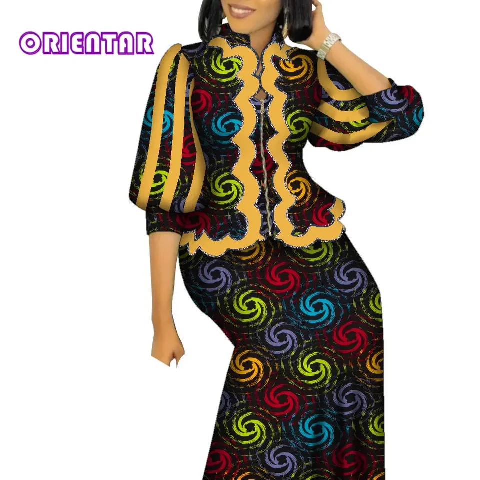 Africké oblečenie pre ženy, ktoré zodpovedajú 2 -dielnej sade African Print Puff Ruckve zips top a dlhé sukne obleky pre ženy WY1469