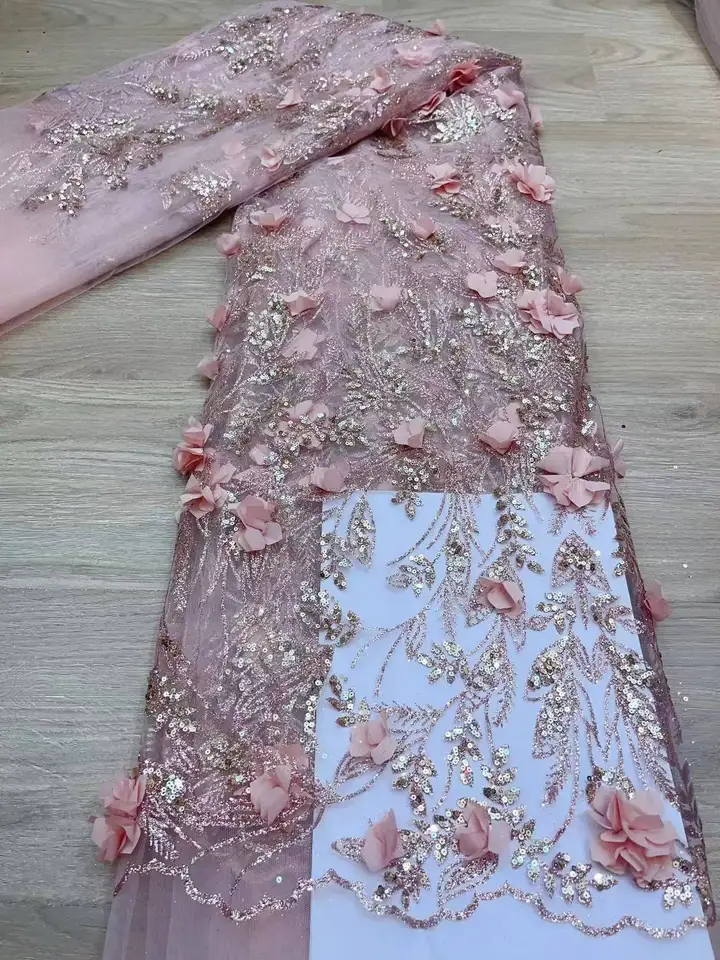 Afrika Morden vyšívaná tylová sieť s lepeným trblietkom luxusné francúzske 3D kvetinové čipky Lace Evening Svadba šaty