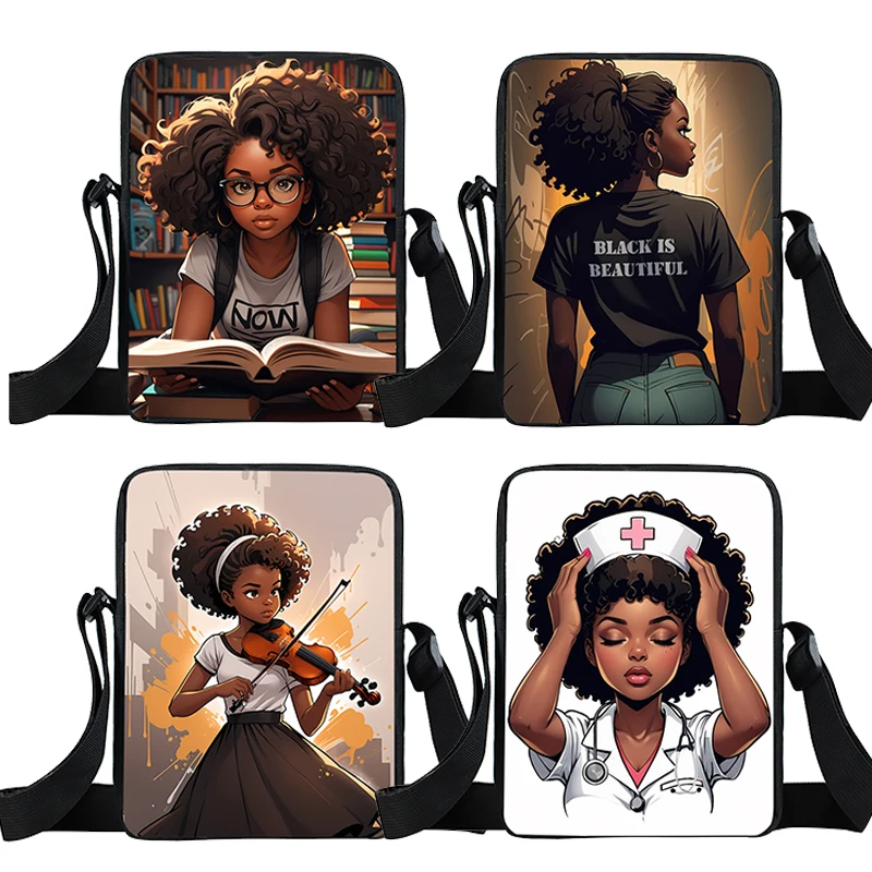 Afro Black Nurse Girl King Reading / Hrajte gitarové husle chlapci Dievčatá Školské tašky Ženy Crossbody Bag Študentské knižky Darček