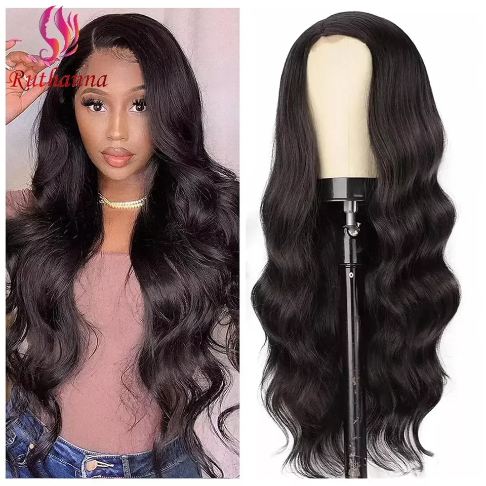 Afro -Lace Front 4x2Syntetická vlna tela dlhá kučeravá parochňa pre ženy 28 palcov prírodná čierna stredná časť zvýraznite nadýchaná módna parochňa