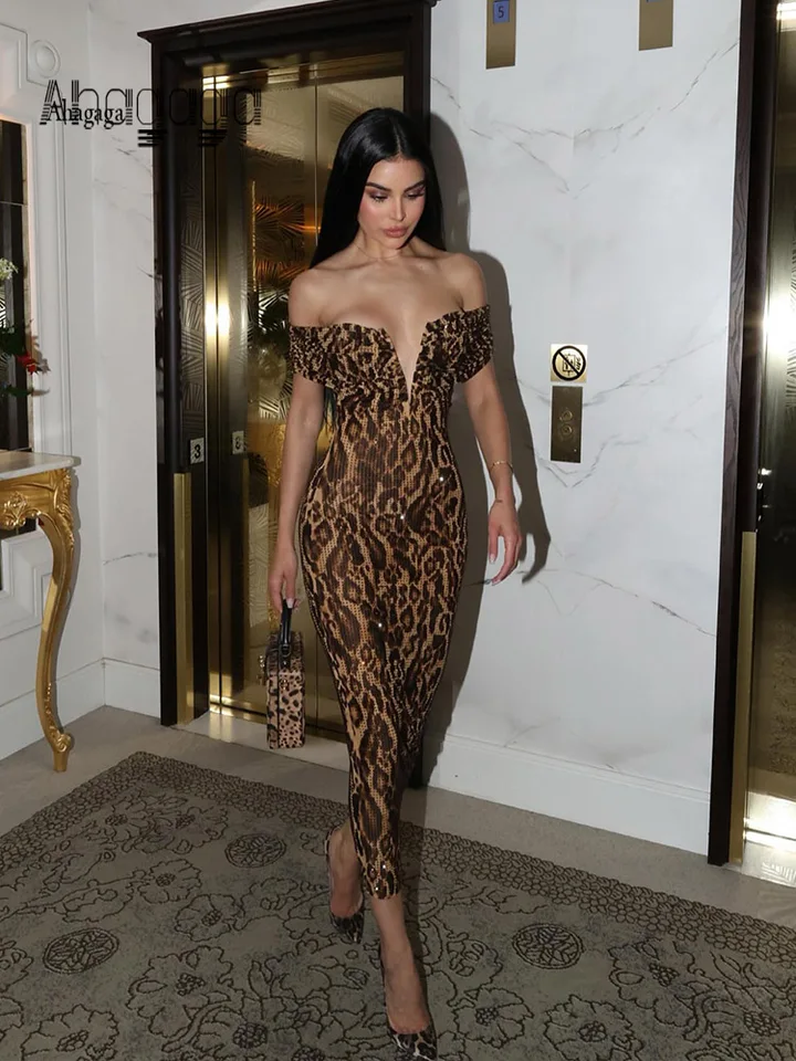 Ahagaga sexy leopardové dámske večierky Šaty flitry lomítko krk kusovstycon long maxi krátke rukávy elegantné tenké šaty Vestidos