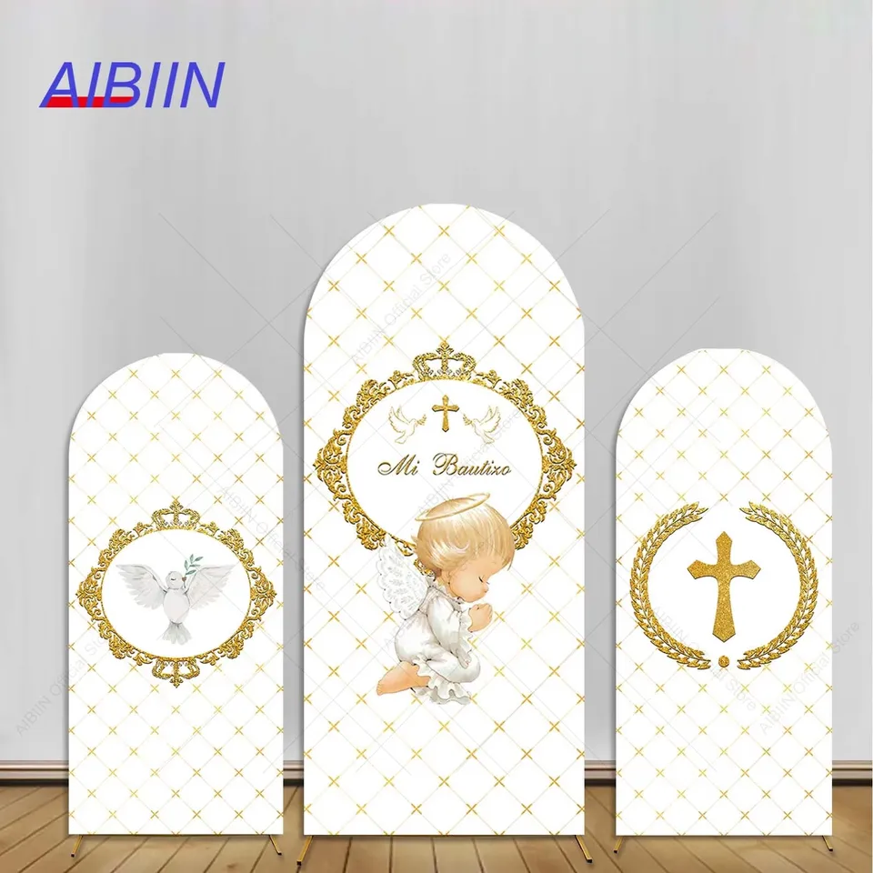 Aibiin My Baptism Arch Kadce Cover Cover Gold Cross God Bless Kids Photograph