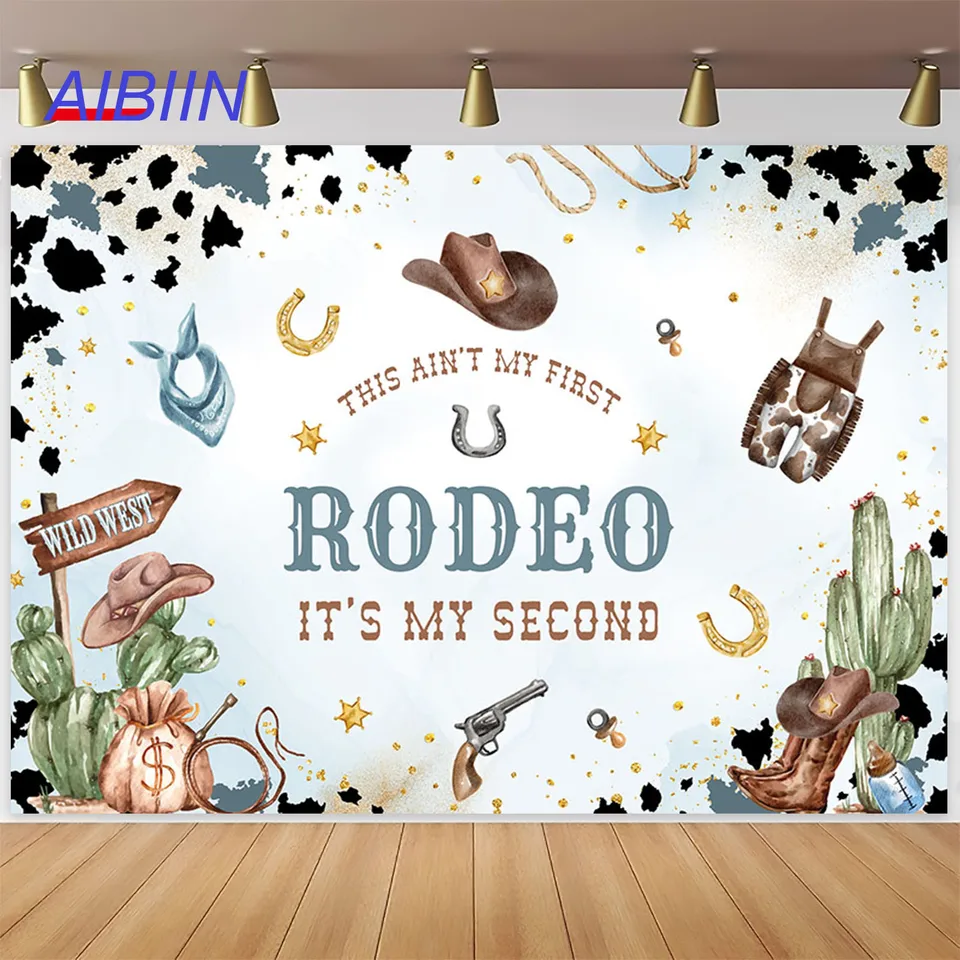 Aibiin Second Rodeo 2. narodeniny Pozadie Západný kovboj kaktus divoký západný klobúk párty dekorácie koláče Photography