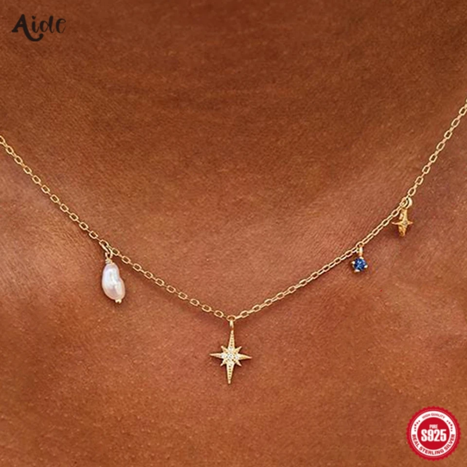 Aide 925 Sterling Silver Baroque Pearl s ôsmimi špicatými hviezdnymi náhrdelníkmi pre ženy 18k zlatý reťazový golier Elegantné šperky