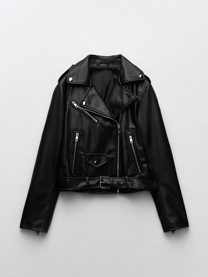 Ailegogo Streetwear Women Slim Fit Black Pu Faux Leath Canday s pásom Spring Female Motocykel Conyber zipsový kabát Outwear