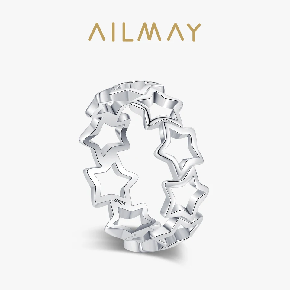 Ailmay Simple Hollow Star Real 925 Sterling Silver Rings for Women Girls Fine Design Vyhlásenie o prsteň