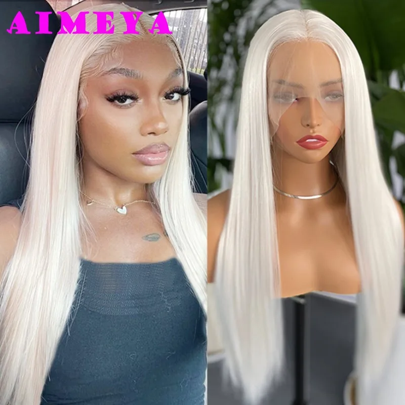 Aimeya Platinum parochňa parochňa predná prírodná vlasová vlasová syntetická ľadová biela dlhá hodvábna rovná parochňa denne používať cosplay tepelne odolné