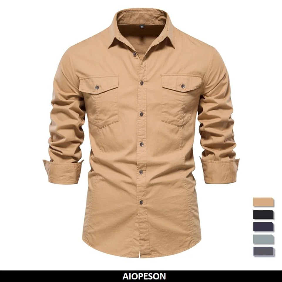 Aiopeson 2023 Nový jesenný vojenský štýl 100% bavlnená vrecková košeľa pre mužov Slid Color Slim Casual Men Košele s dlhým rukávom