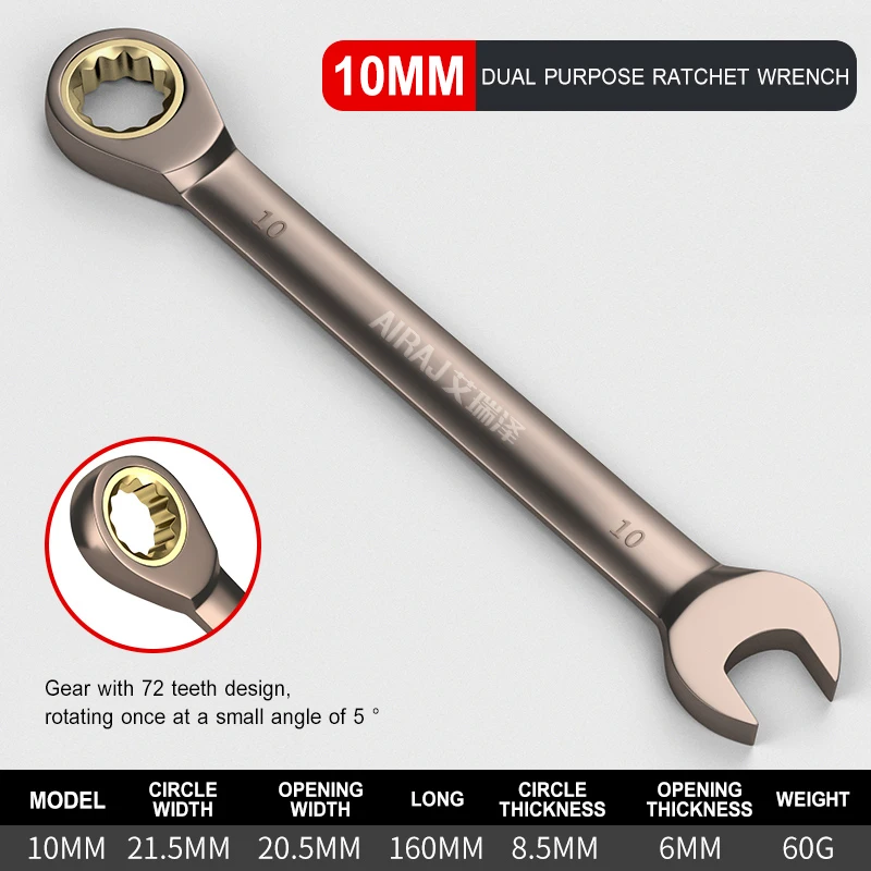 Airaj 10 mm posilňujte ratchetový kľúče opravy hardvérových nástrojov Hardware Nástroje Veľký otváranie Dual Účel Vysoko kvalitné ručné náradie Spanner
