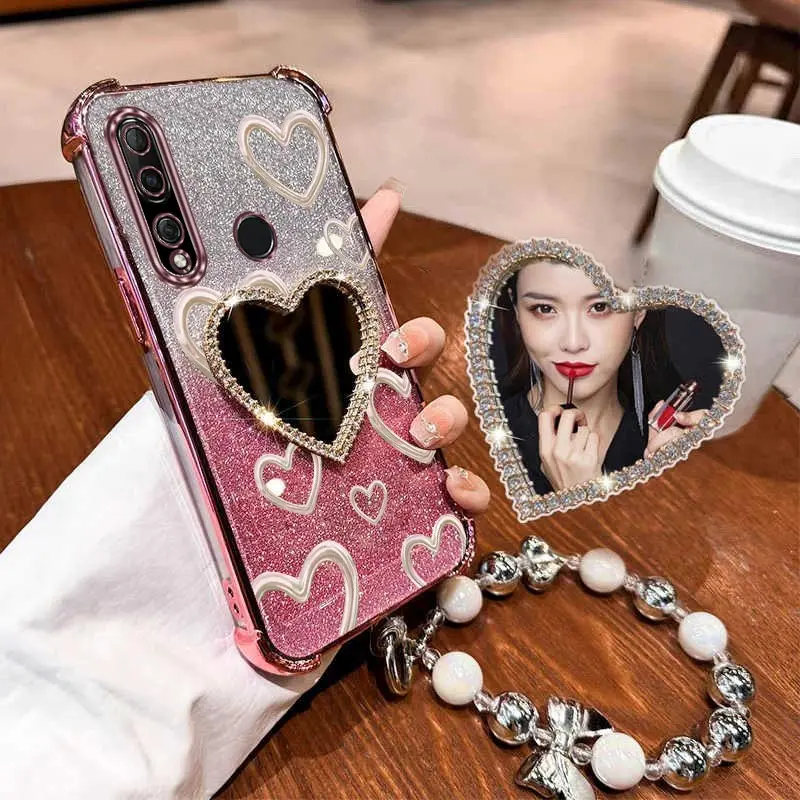 Airbag zápästie remienok Glitter Love Heart Makeup Mirror Telefón puzdro pre Huawei Honor 9x Pro 30S X50I X5 plus 90 Lite Y9S Cover