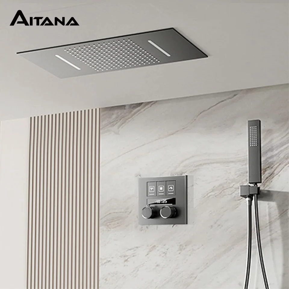 Aitana Luxusná čierna mosadzná kúpeľňa Kúpeľňa s konštantnou teplotou Digitálny displej Dizajn Cold & Hot Dual Control Wall Sprcha