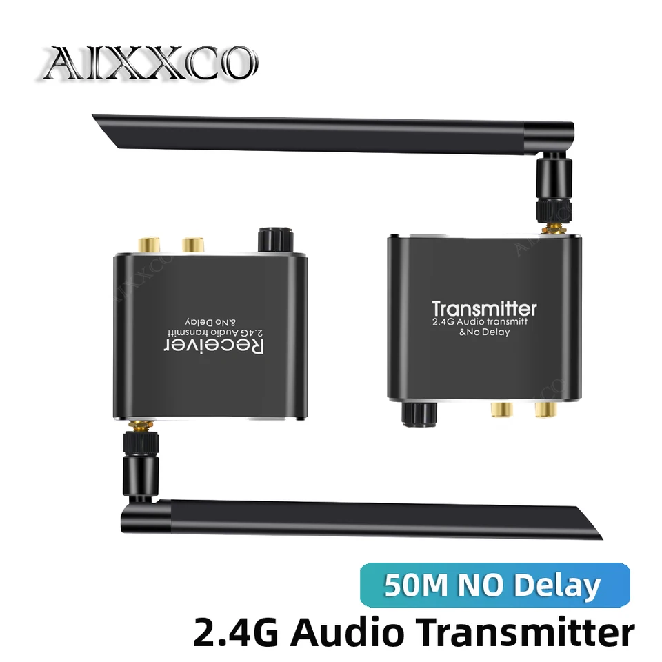 AIXXCO 2.4G Wireless Audio Consmitter prijímač High-Definícia 50 m bez oneskorenia RCA R/L 3,5 mm stereofónny 192 kHz pre zosilňovač reproduktorov