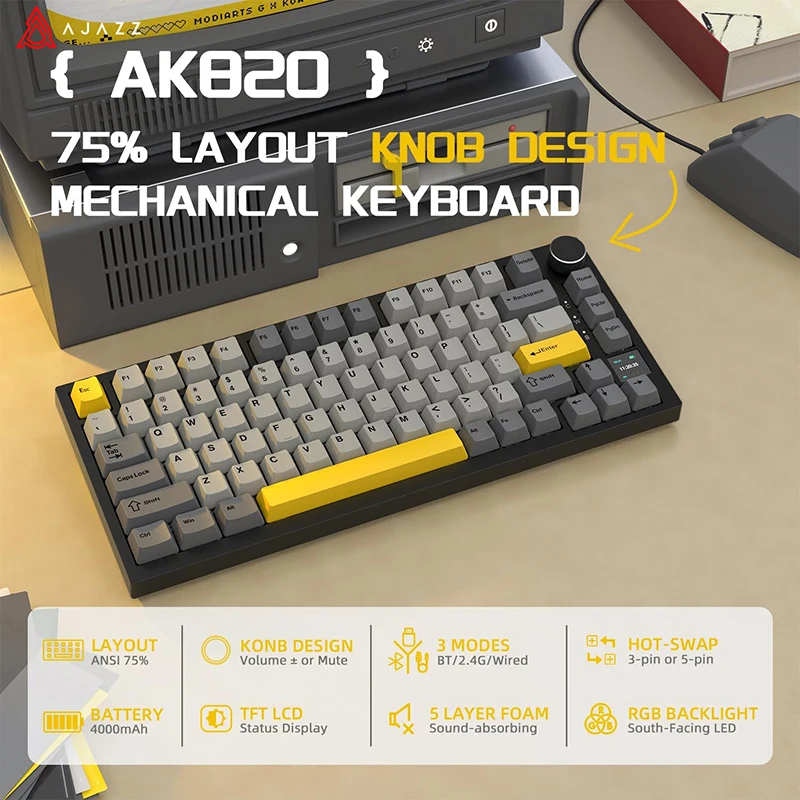 AJAZZ AK820 / AK820PRO TKL HROV MECHANICKÁ Klávesnica 75% 82 KLIKY TENT HORKY SWAP WIRED Bluetooth Bezdrôtová klávesnica pre Mac / Win