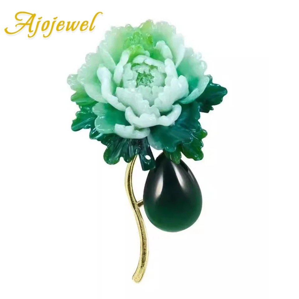 AJOJEWEL Resin Stone Zelená pivonka Vintage brošňa Žena Čínsky štýl šperky šperky na oblečenie Najlepší darček