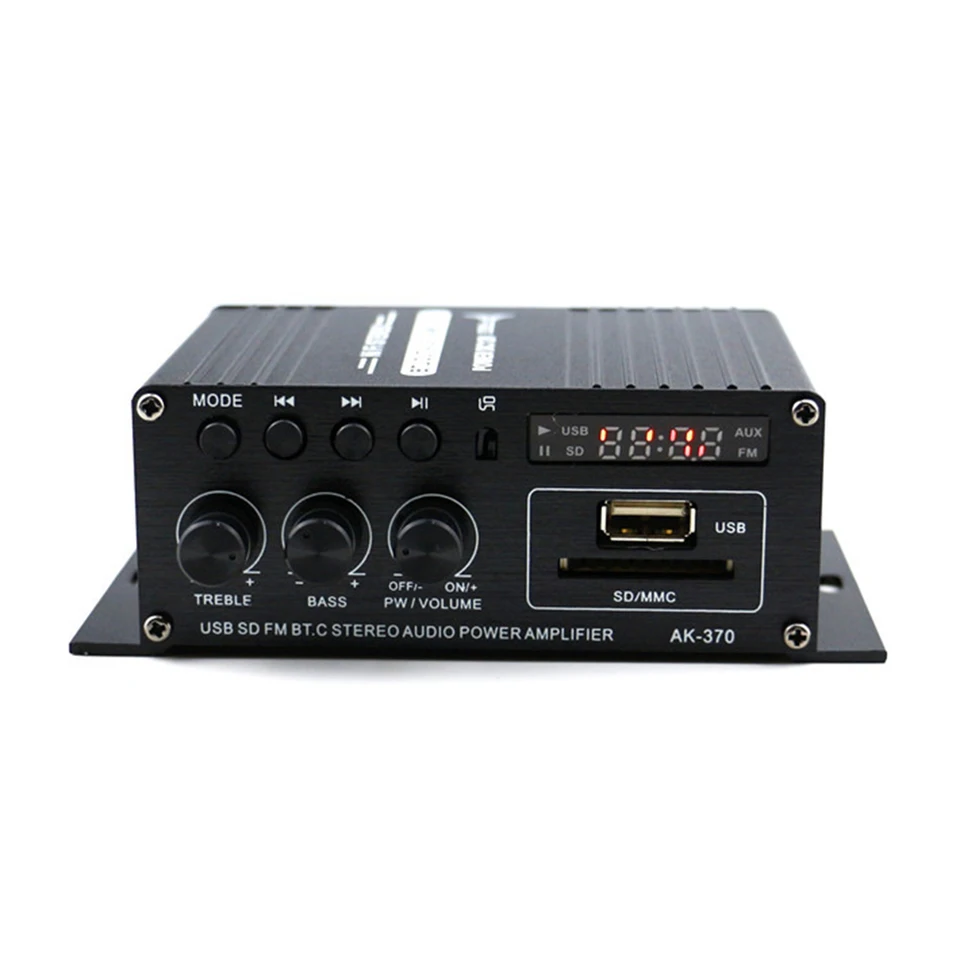 AK-370 Bluetooth kompatibilný zosilňovač 20W+20W Power zosilňovač DC 12V Auto Music Subwoofer reproduktor Mini HiFi stereo USB OTG vstup