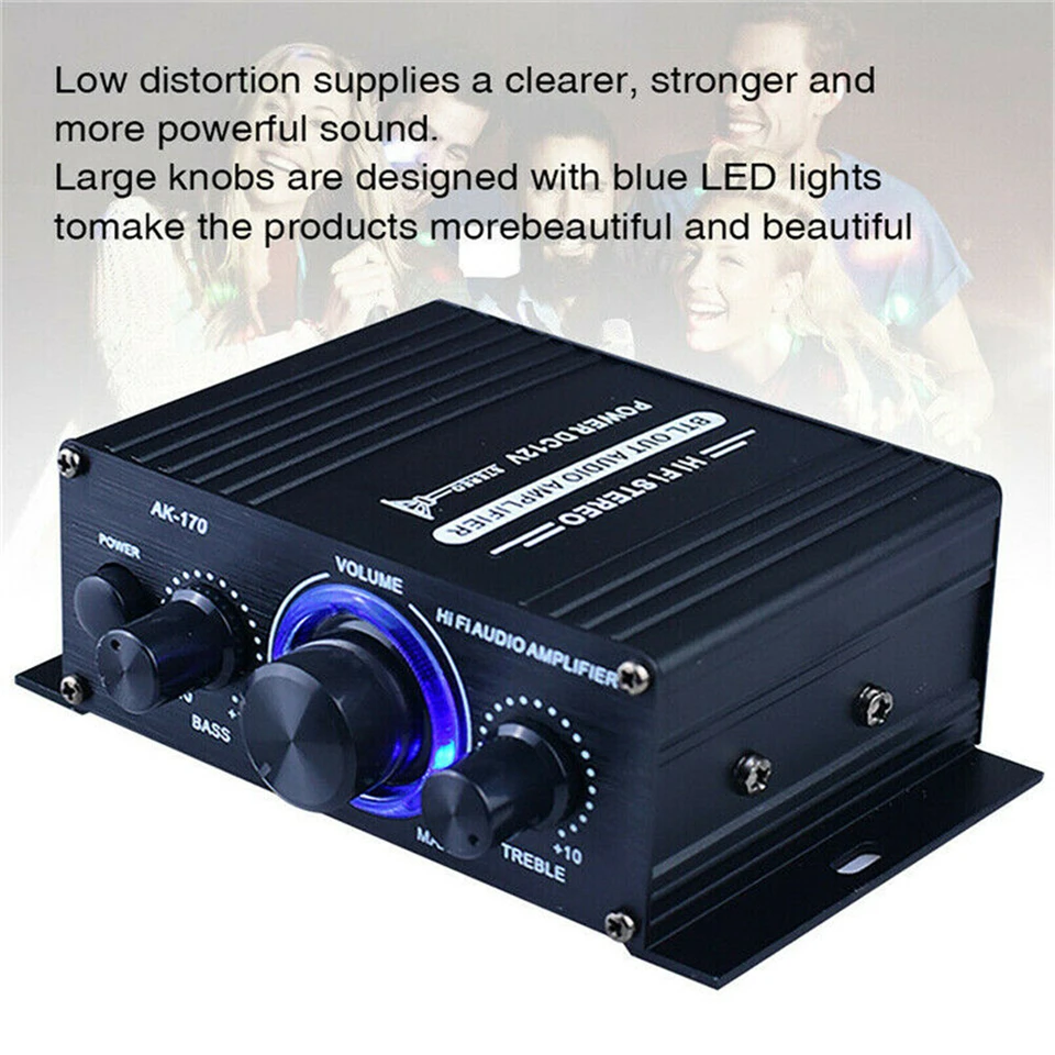 AK170 Zosilňovač automobilu Mini digitálne napájanie Audio Blue Light Stereo Audio zosilňovač pre kanál domáceho automobilu 2.0 Hifi Power Amp