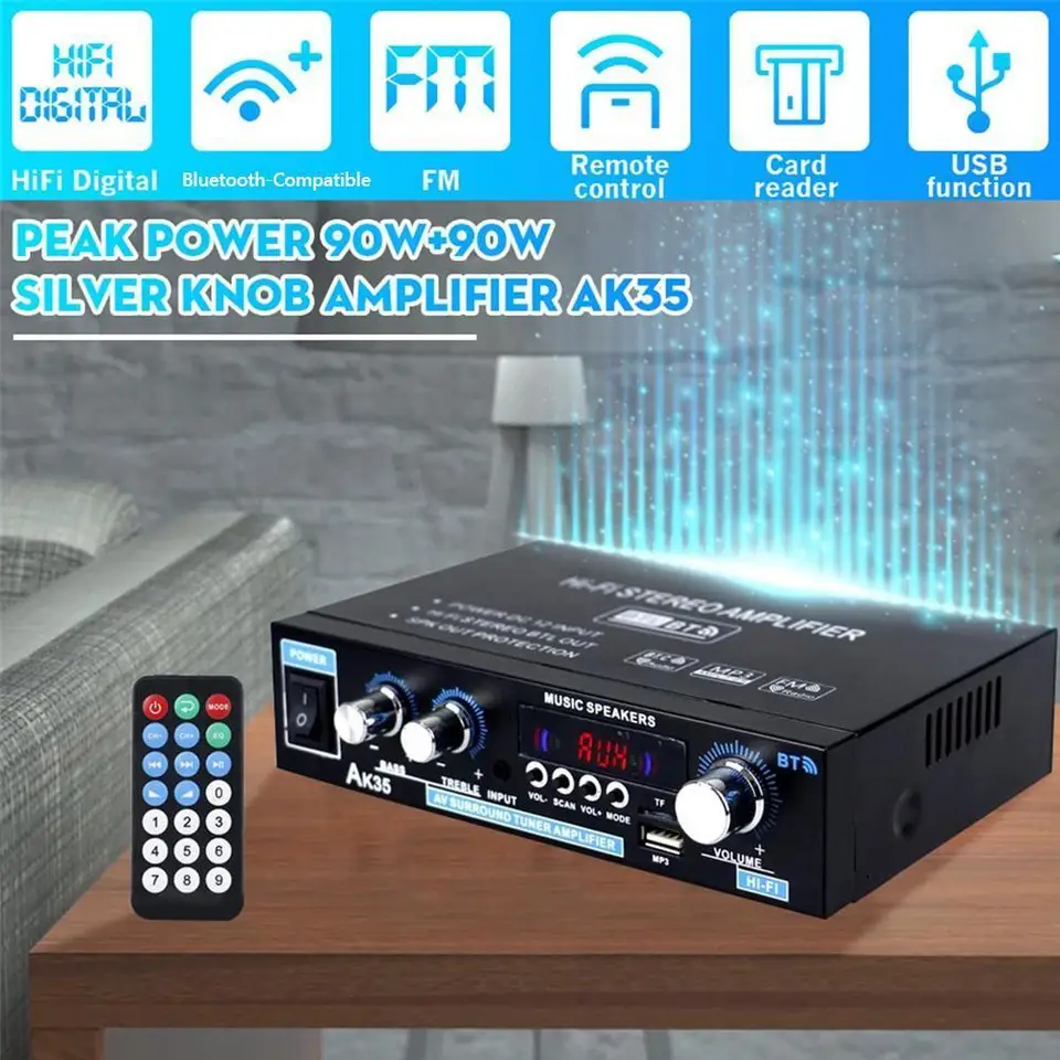 AK35 Bluetooth HIFI Stereo Audio zosilňovač s vstupom USB TF RCA AUX a voľbou napájania diaľkového ovládania