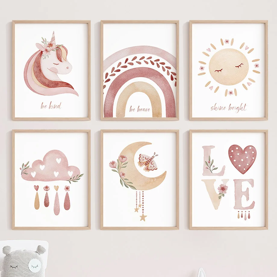 Akvarel jednorožec Sun Moon Rainbow Cloud Wall Wall Art Canvas maľba karikatúry plagáty a výtlačky Obrázky dievča Detská izba Domovod