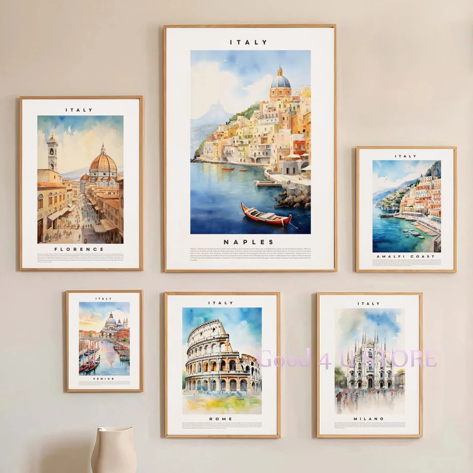 Akvarel Taliansko cestovné turistické mesto Milano Florence Benátky Rím plagát Canvas maľba nástenné umelecké obrázky domáce dekorácie darček