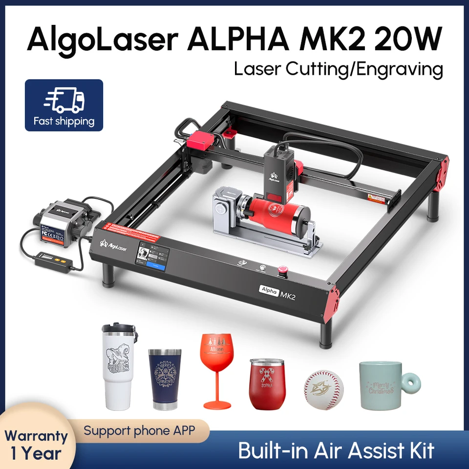 Algolaser Alpha Mk2 Laser Graver 4-v-1 Rotačná valčeková súprava s 30L laserom Air Assist 3,5 