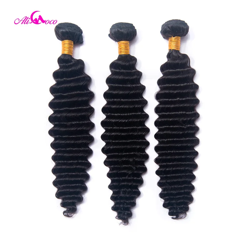 Ali Coco Indian Deep Wave Vlasy zväzky a riešenie 8-30 palcov 100% ľudských vlasov väzba 1/3/4 zväzky Prírodné farby Remy vlasové zväzky
