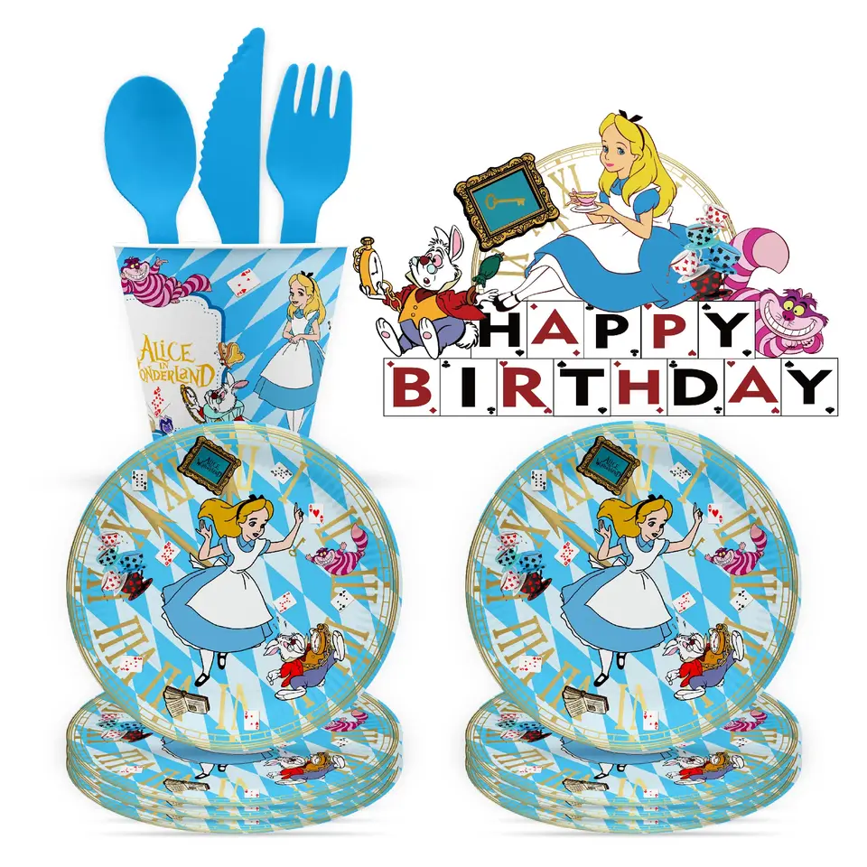 Alice in Wonderland Téma narodeninová oslava dekorácia na jednorazové tabuľky Slave Plates Poháre Balóny Pozadie bábätká bábätko pre deti darčeky