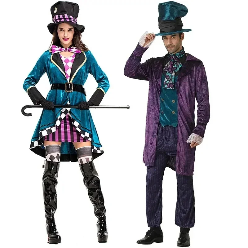 Alice v ríši divov kostýmy Hodiny Mad Hatter Cosplay pre pár rozprávkových odevov obleky Ženy Men Magic show smisky luxusné šaty