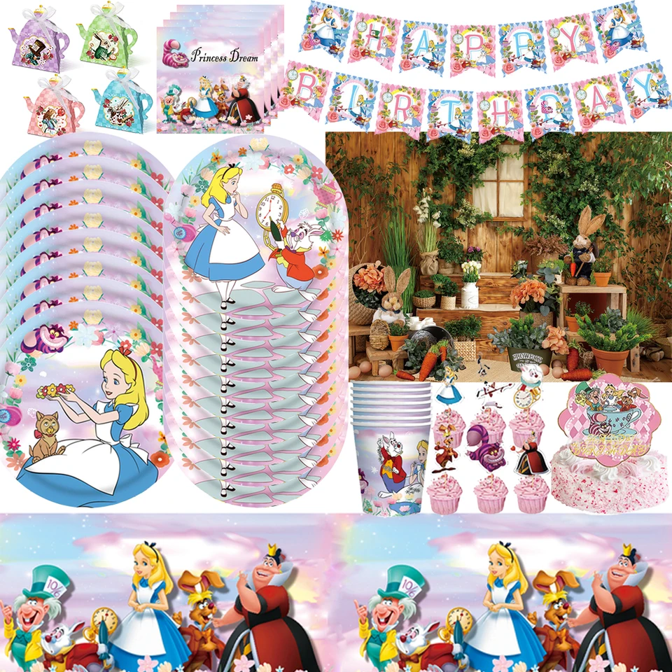 Alice Wonderland Party Supplies Cups Plates Struskí detský riadový koláč balón dekorácie bábätká anjel