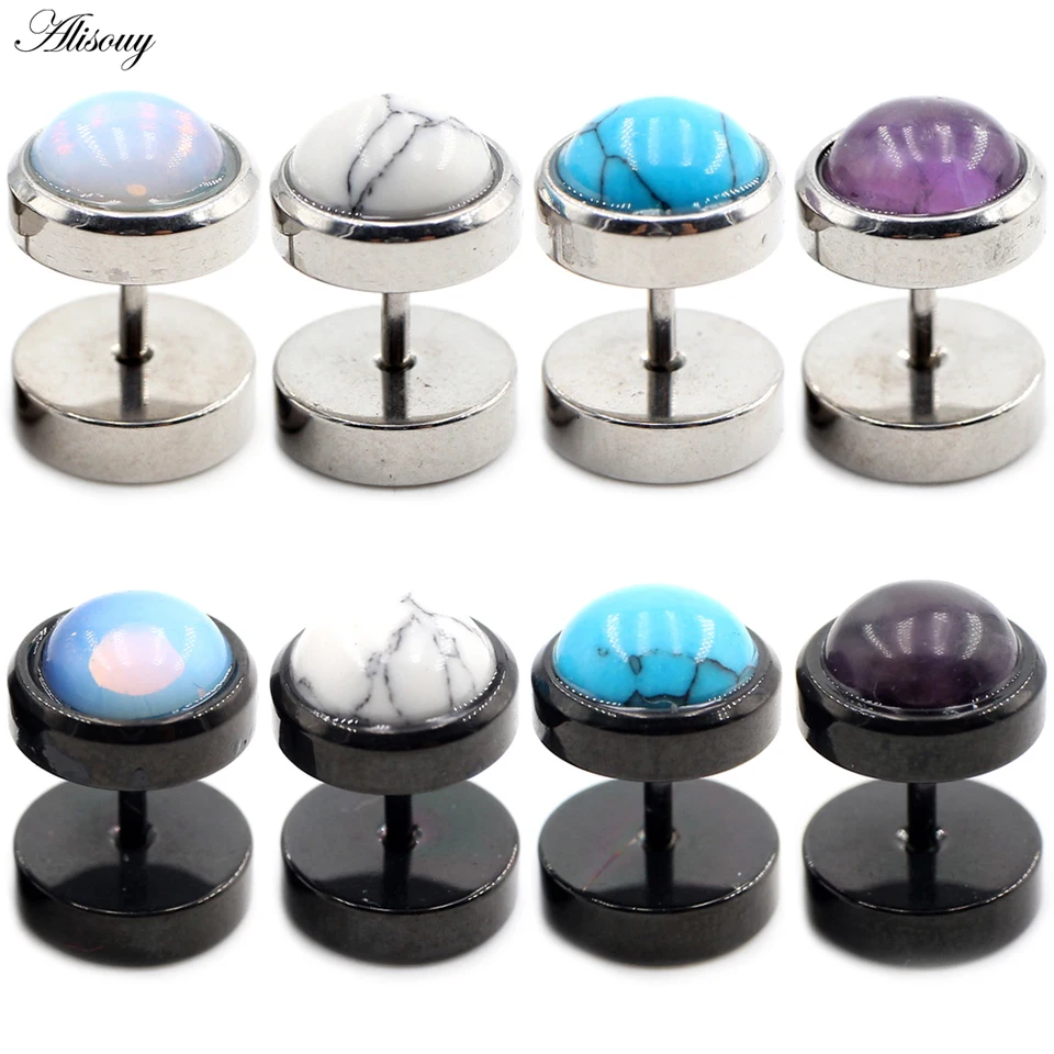 ALISOUY 2KS PUNK Prírodný kameň OPAL Nerezová oceľ Muži Ženy činky činky činky ušné gombíky náušnice tragus helix piercing