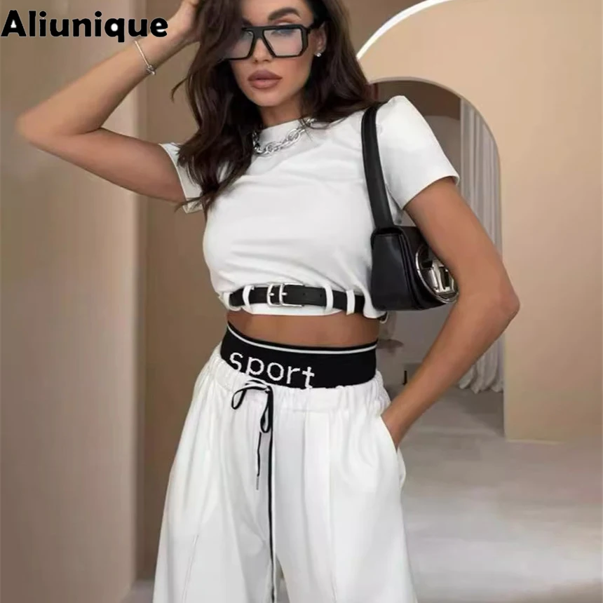 Aliunique Casual 2 kusy Sada Top White Loose Wide Nohavice nohavice Ženy Kórejský patchwork Street Style Style Ruckve T tričká