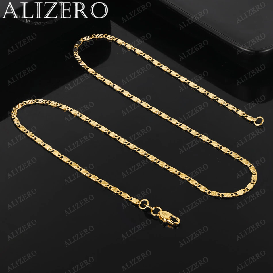 Alizero 18k zlato 2mm plochý reťaz bočného reťazca náhrdelníkov 16/18/20/22/24/26/28/30 palcov Ženy Men módne jemné šperky Veľkoobchod