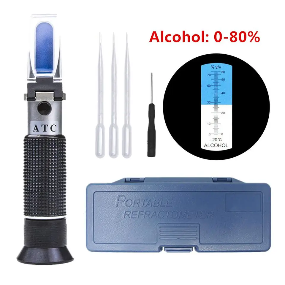 Alkohol refraktometra ruky držaný alkoholometra 0 ~ 80%obj./obj. Tester koncentrácie ATC