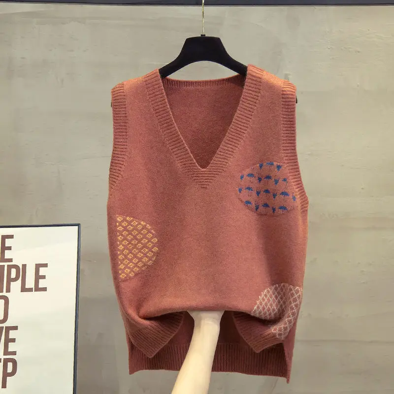 All-Match Autumn Winter Geometric Contrast Farba bez rukávov Dámske odevy Sweater Sweater Pletid Cast Casy Tops