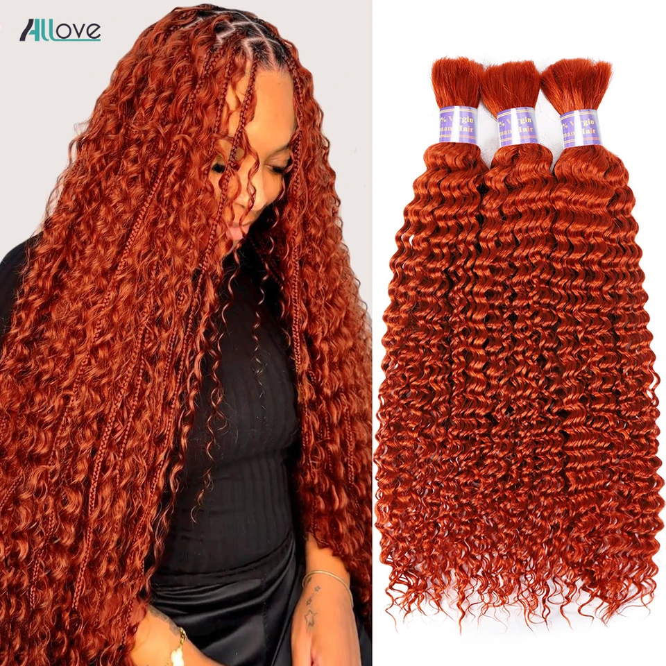 Allove Ginger Bulk na pletenie brazílskych hlbokých vĺn Humanské vlasy 1 3 4 kusové predlžovanie vlasov Remy pre ženy
