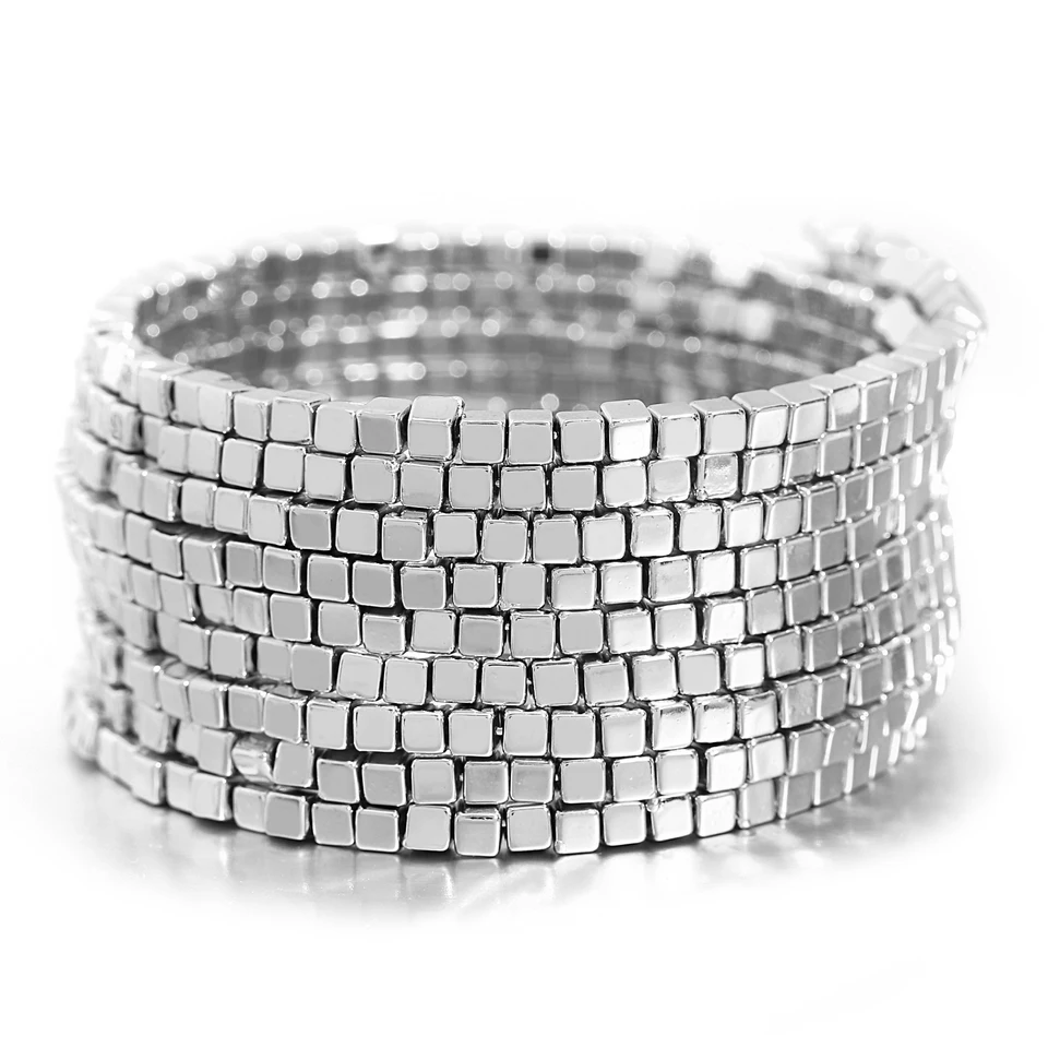Allyes Fashion Square Metal Beads Viacvrstvový zábal náramok pre ženy Men Punk Glossy Reace Široký náramok Vyhlásenie šperkov