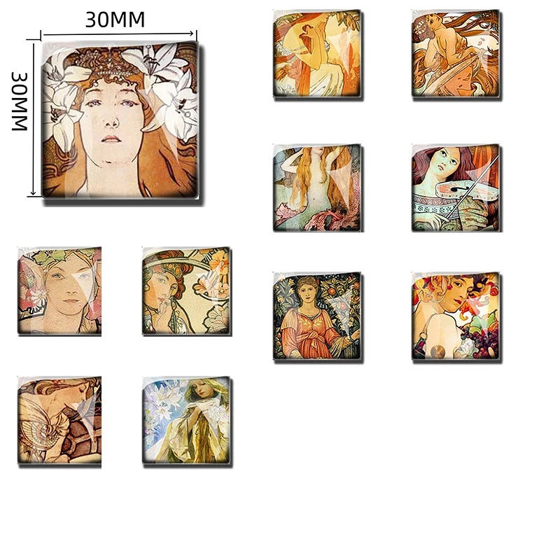 Alphonse Maria Mucha Painting Series Square Glass Chladnička Nálepka Magnetická domáca dekorácia Art štýl maľba nadšencov