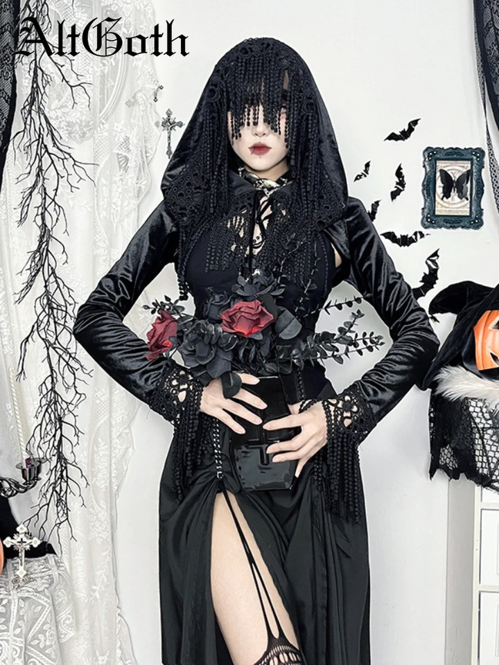 Altgoth Dark Gothic s kapucňou Smock Ženy Halloween Streetwear Vintage Tassel Patchwork Tops Tops Fairycore Grunge Rave Outfits