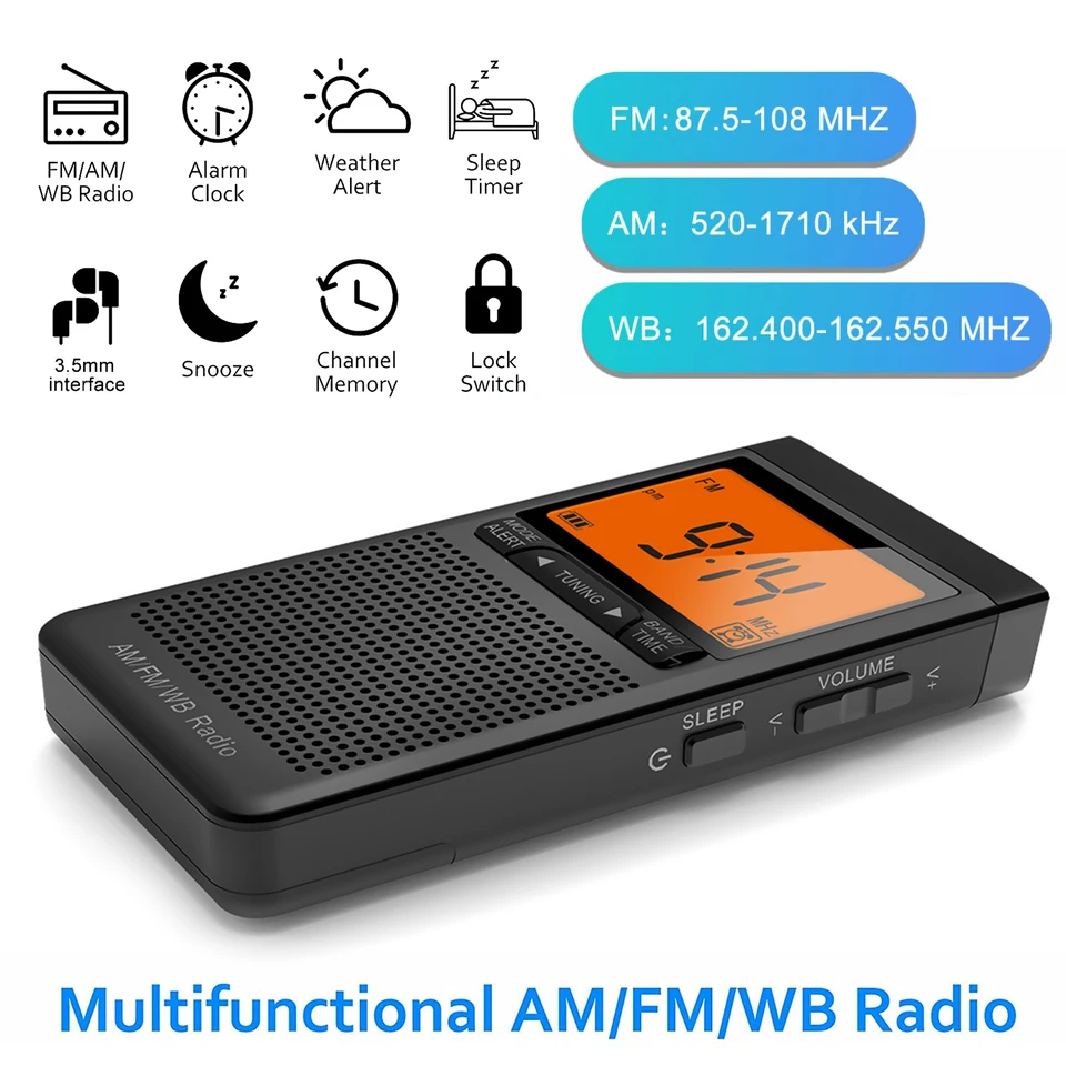 AM FM Radio Battery ovládaná rádio prenosné vreckové automatické vyhľadávanie Núdzové