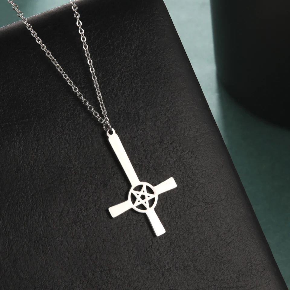 Amaxer pentagram invertovaný krížový náhrdelník pre ženy Men z nehrdzavejúcej ocele hore nohami dole dole choker diabol lucifer satan šperky
