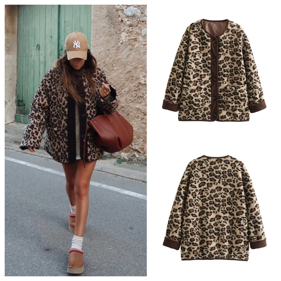 Amazon Hot Sale Autumn a Winter American Retro Leopard Print Loose Casy Cotton Jacket for Women