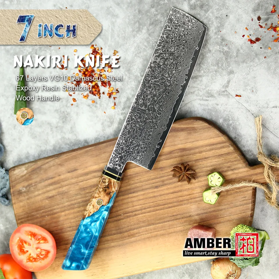 Amber 7 palcov Nakiri Nôž 67 vrstvy VG10 damascus oceľové kuchynské nože expoxy živice stabilizované drevené rukoväť japonský nôž