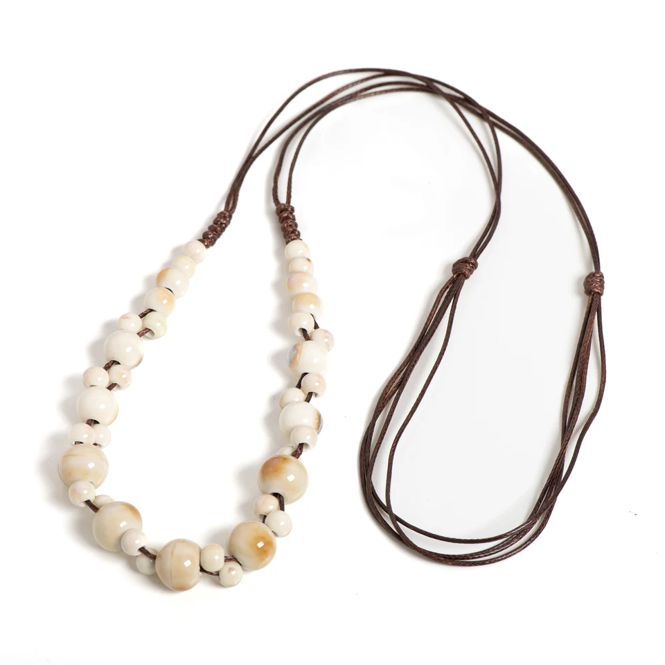 Amber Ručne vyrobený keramický náhrdelník boho biely prívesok Vintage šperky jednoduché nastaviteľné príslušenstvo 1110