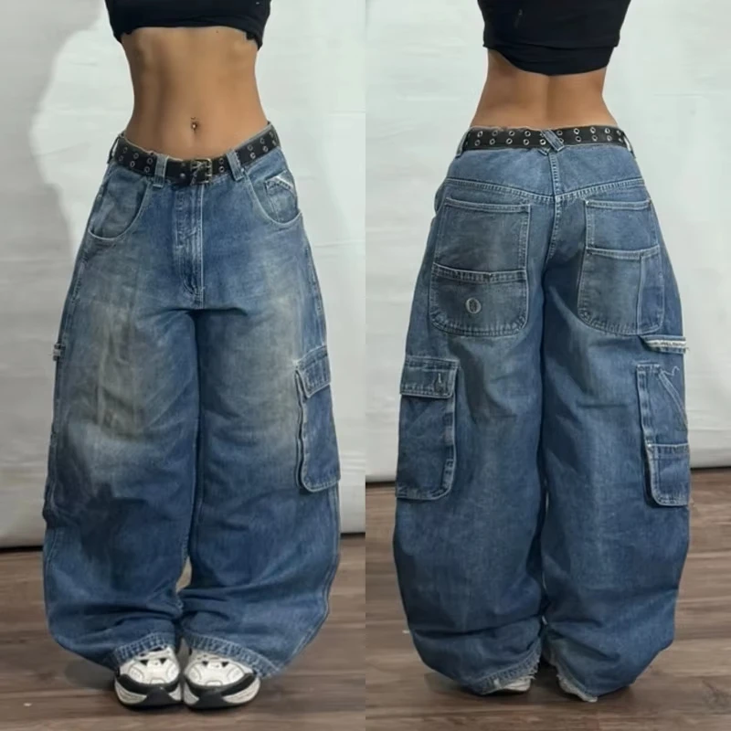 American Fashion Punk Multi vrecko Loose Jeans Women Street y2k Nový hip hop nadmerne nadmerne moppingový šírka nohavice pár neformálnych džínsov