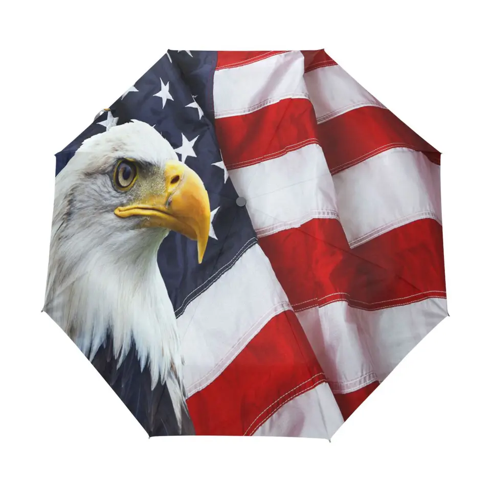 American Flag Bald Eagle Black Coating Anti-UV dáždnik Parasol Tri skladanie automatického dámskeho dažďového dáždnika