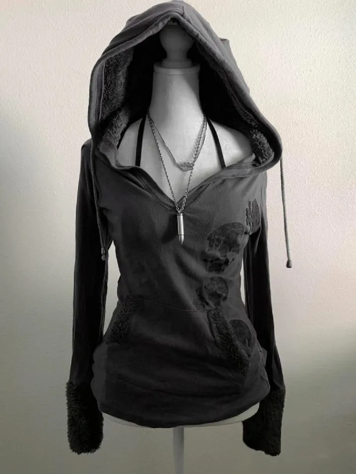 American Retro Grey Lamb Wool Hoodies Ženy Y2K Streetwear Hot Girl Pas